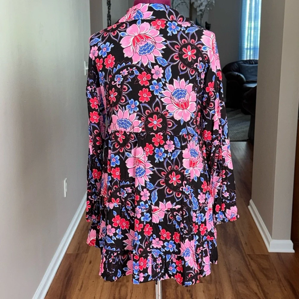 Zara colorful floral long sleeve babydoll button down mini dress, sz L - Picture 4 of 8